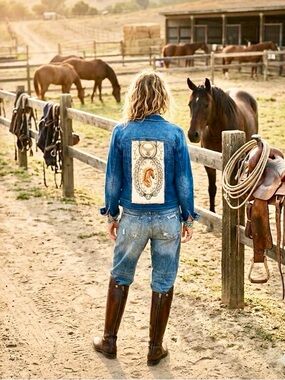 Upcycled HORSE Denim moto Jacket tapestry Back detailing equestrian western vibe